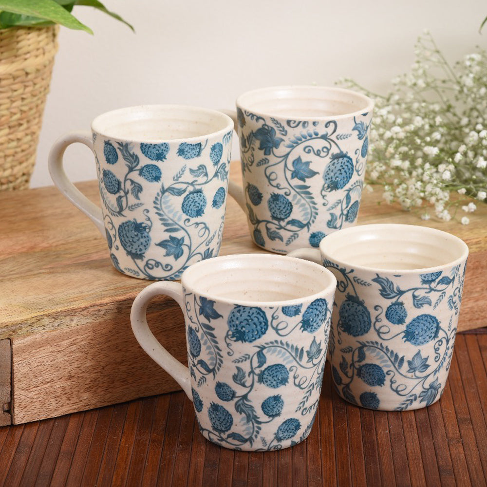 Handmade Floral Ceramic Stoneware Coffee Mugs (Set of 4)