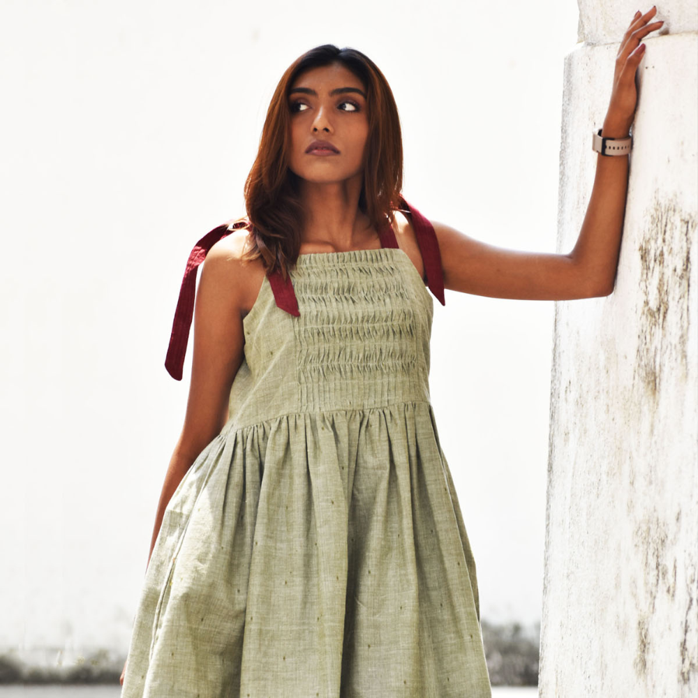 Tie Strap Mini Olive Pleated Dress