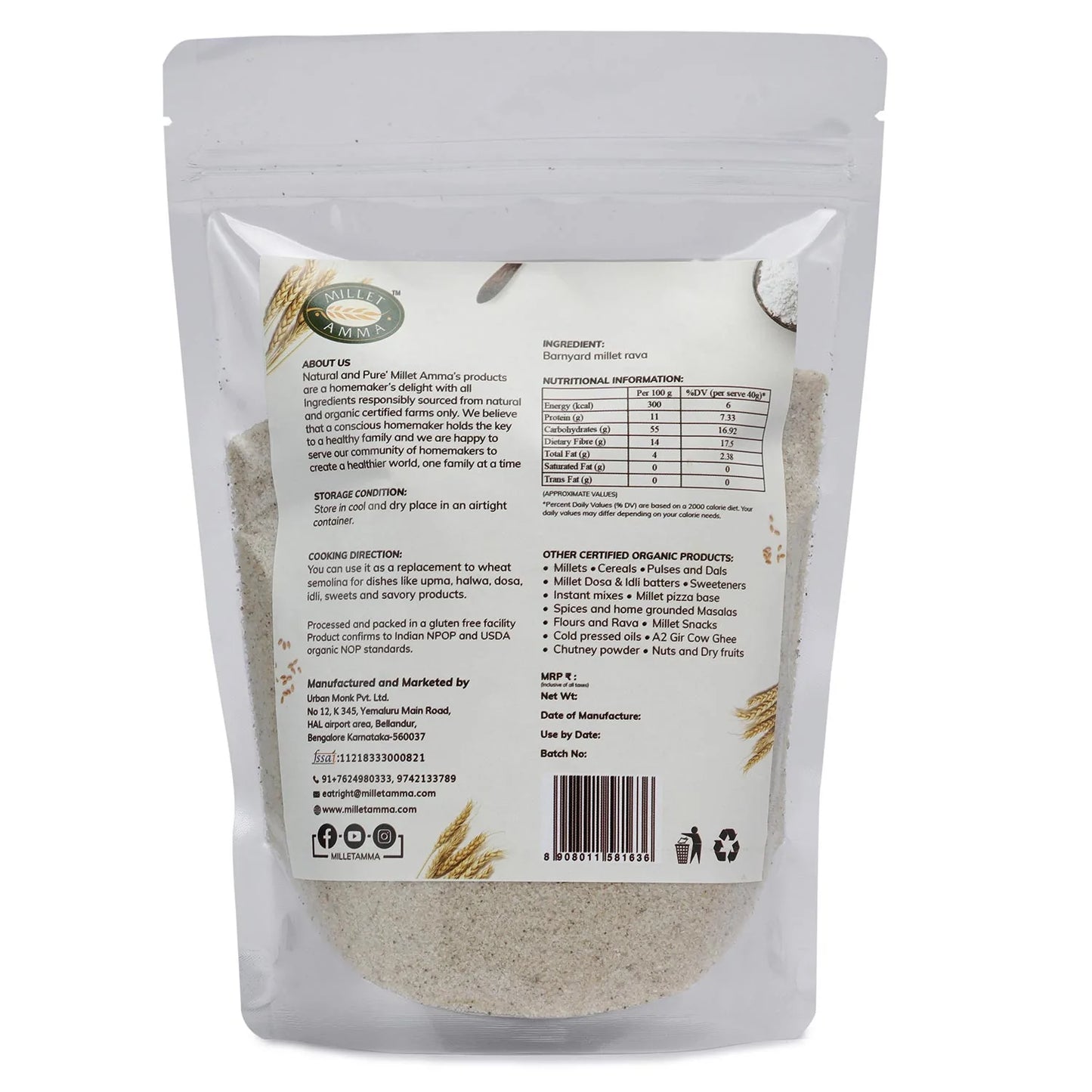 Millet Amma Barnyard Millet (Rava) Organic (500g)