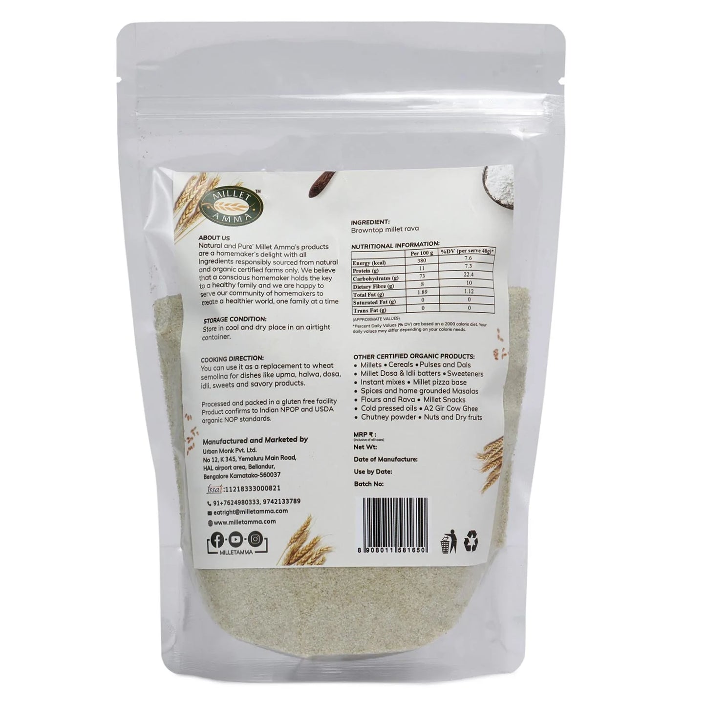 Millet Amma Browntop Millet Rava (500g)