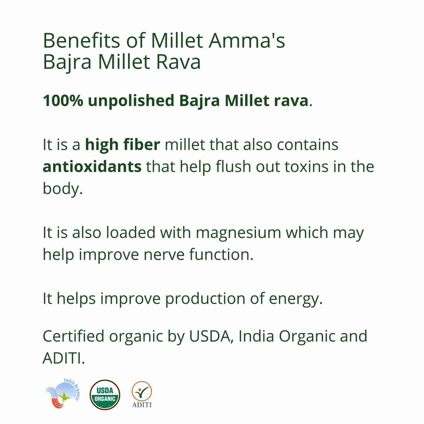 Millet Amma Bajra (Pearl Millet) Rava Organic (500g)