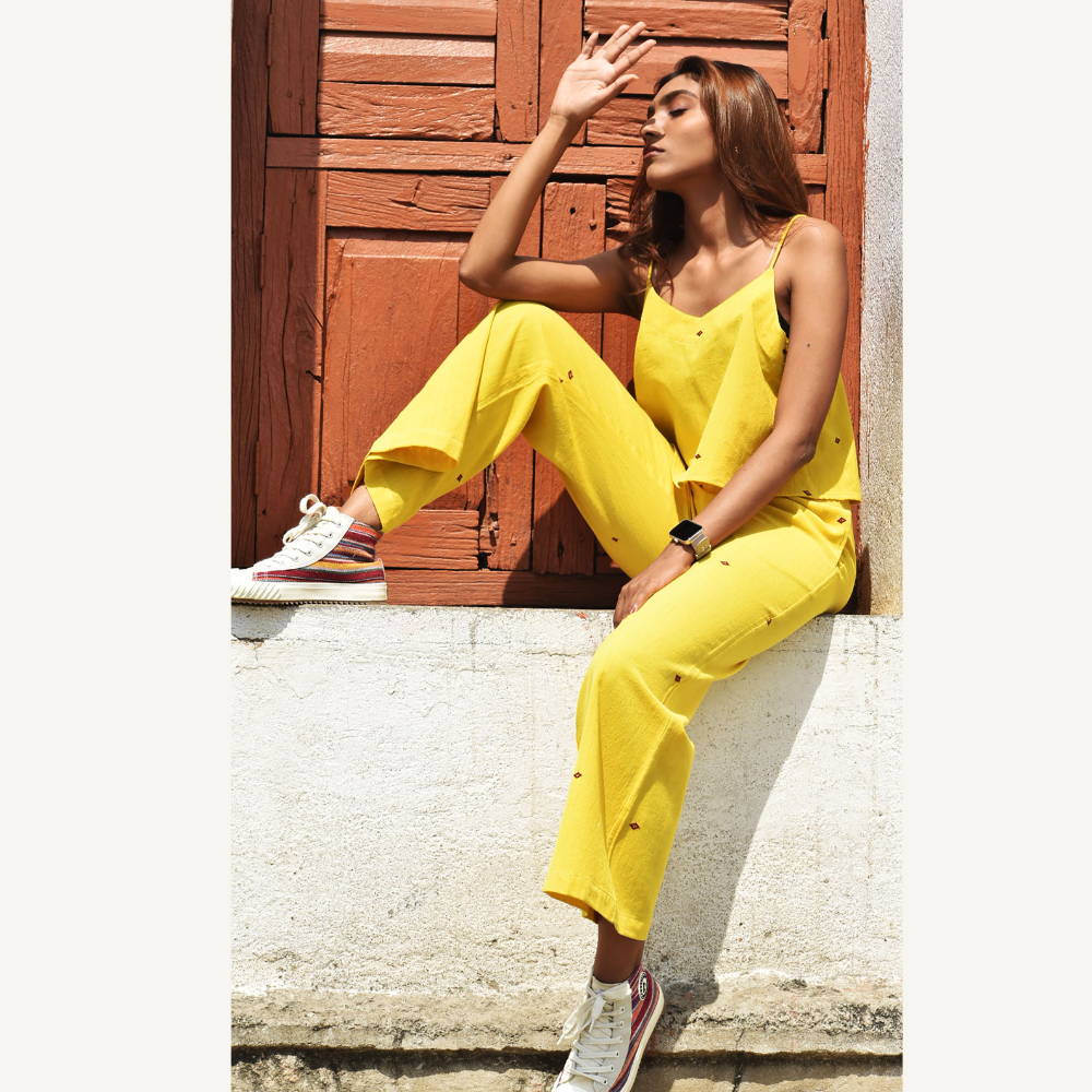 Vegetable Dye Hand-embroidered Crop Top with Matching Trousers