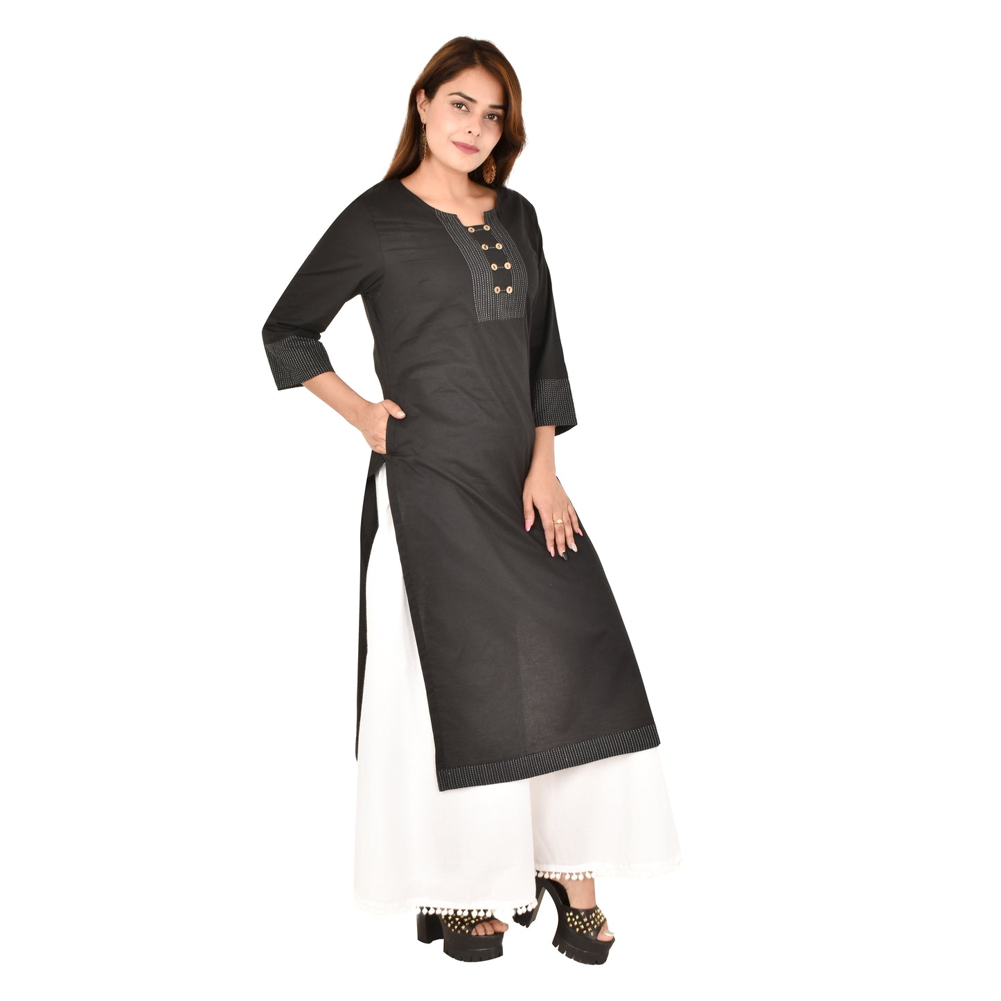 Gauraiya Women Kurta - Black Straight with Katha Yolk