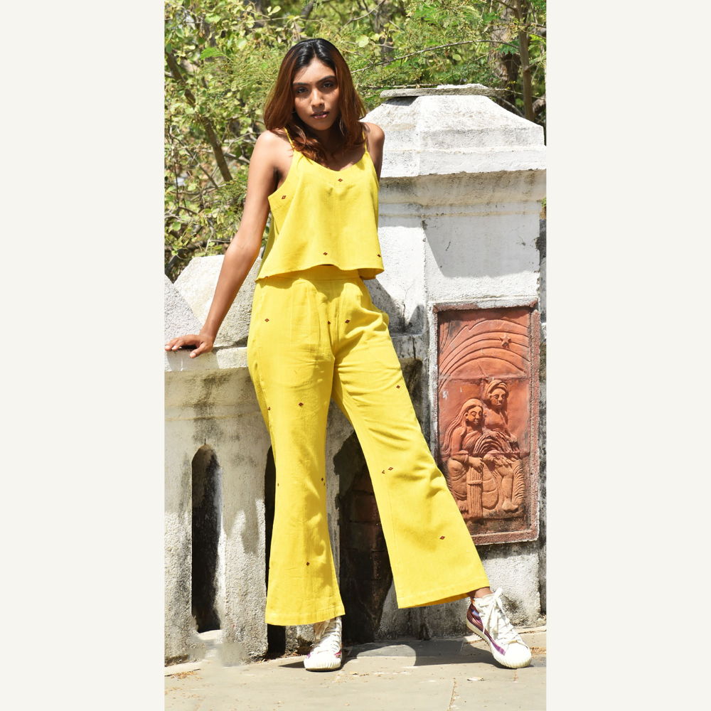 Vegetable Dye Hand-embroidered Crop Top with Matching Trousers