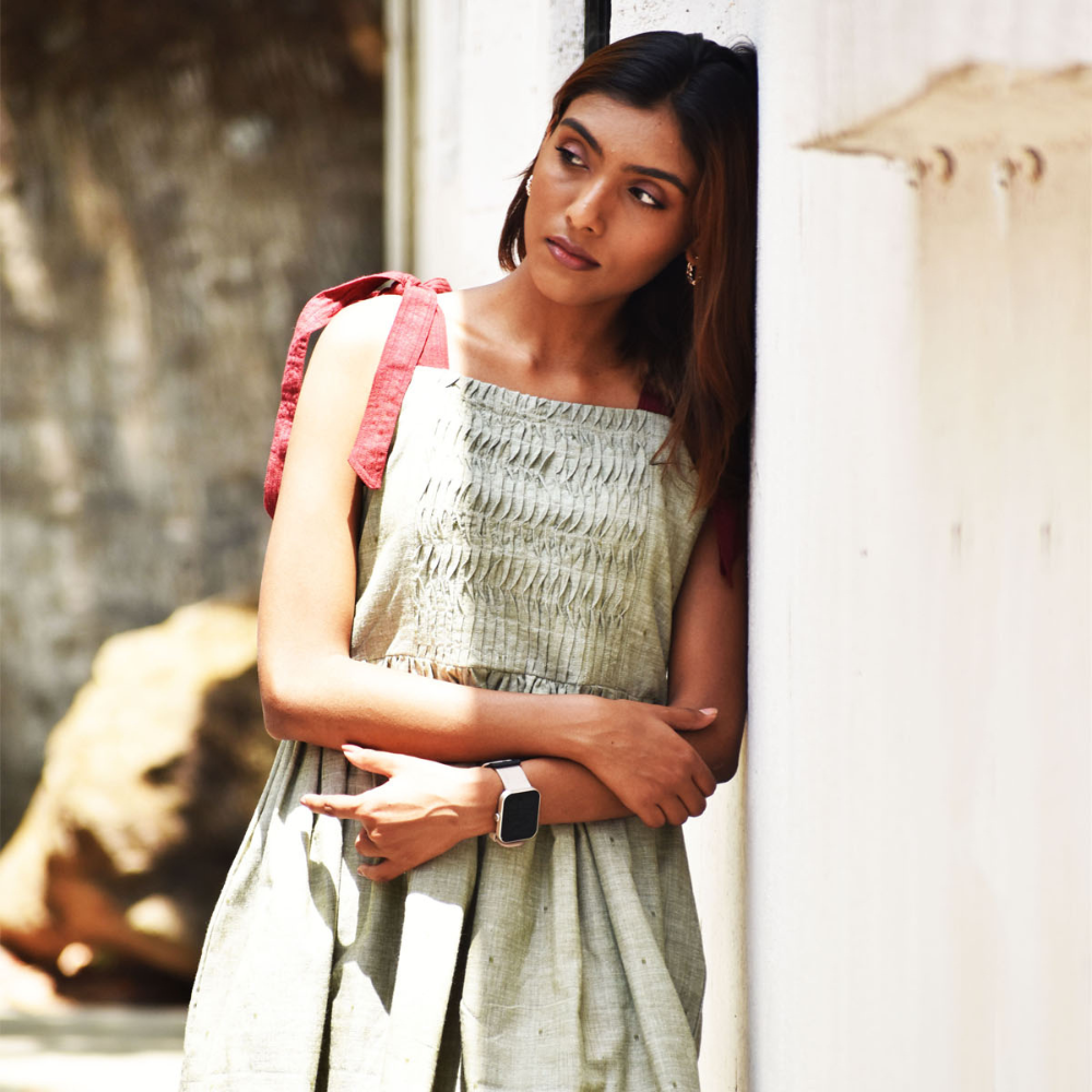 Tie Strap Mini Olive Pleated Dress