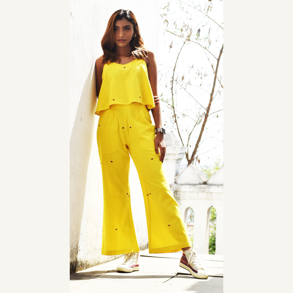 Vegetable Dye Hand-embroidered Crop Top with Matching Trousers