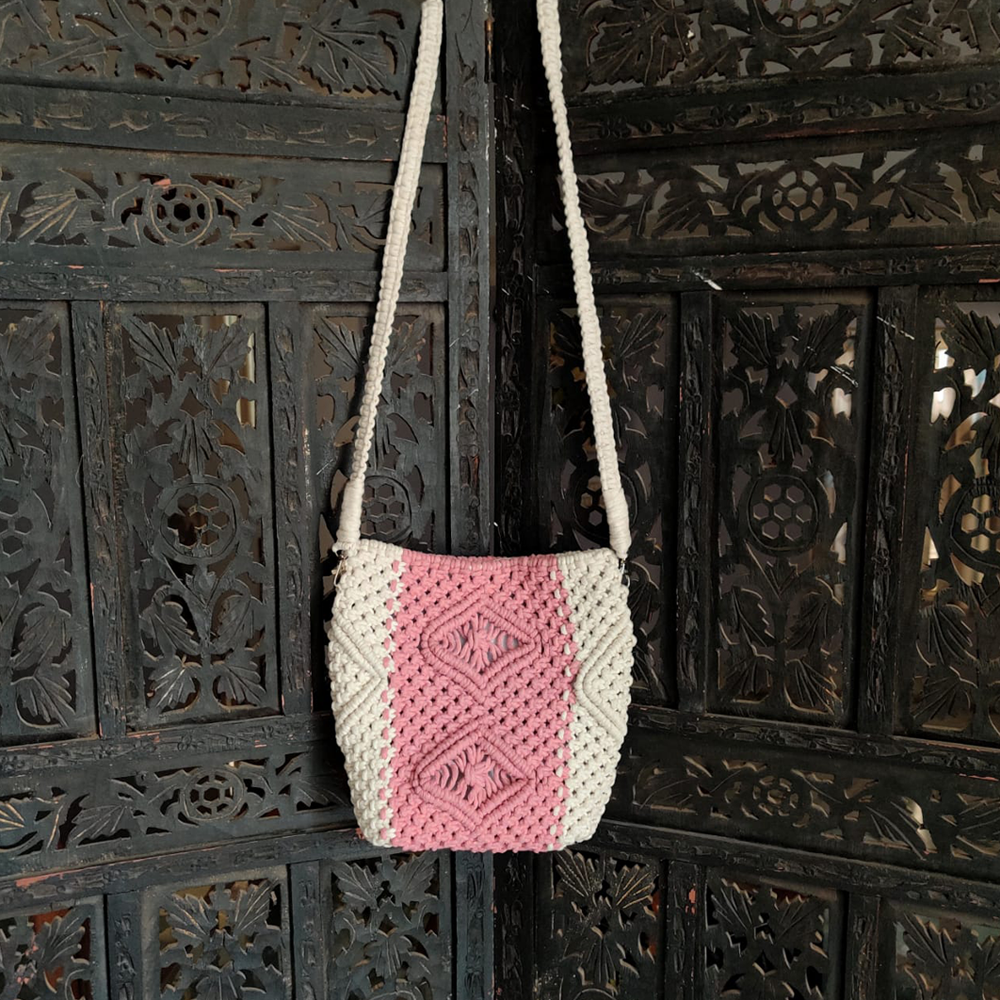 Macrame Sling Bag in Peach and White
