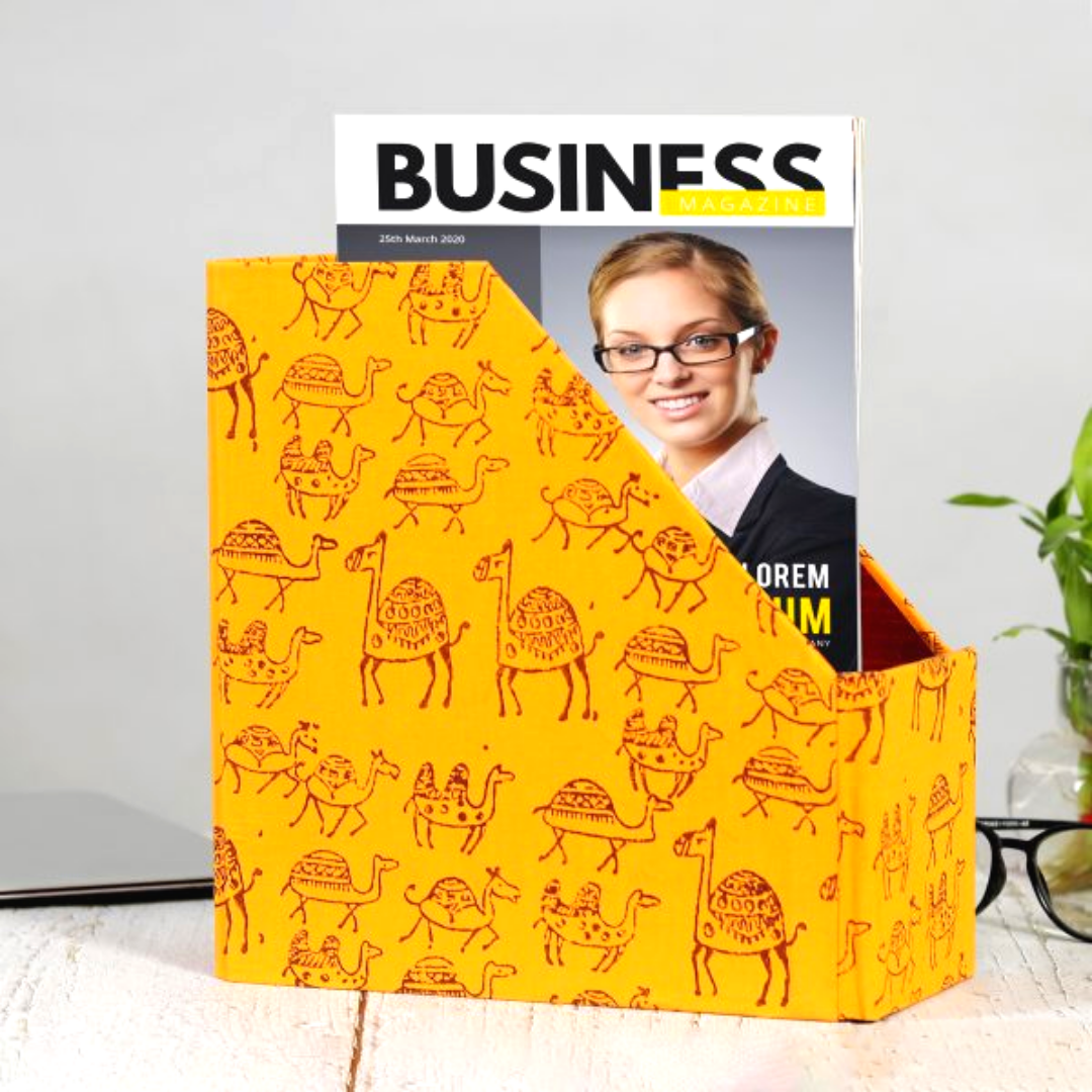 Indha Camel Block Printed Single Compartment MDF Magazine Holder