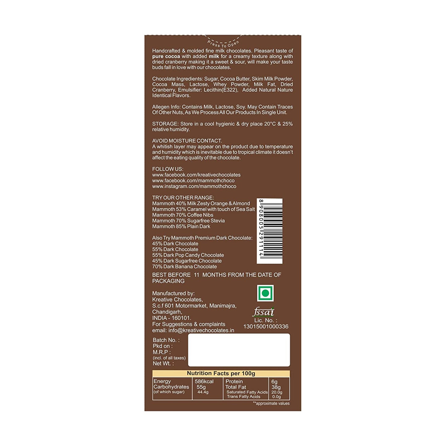 Mammoth 40% Cocoa Milk Chocolate - Cranberries