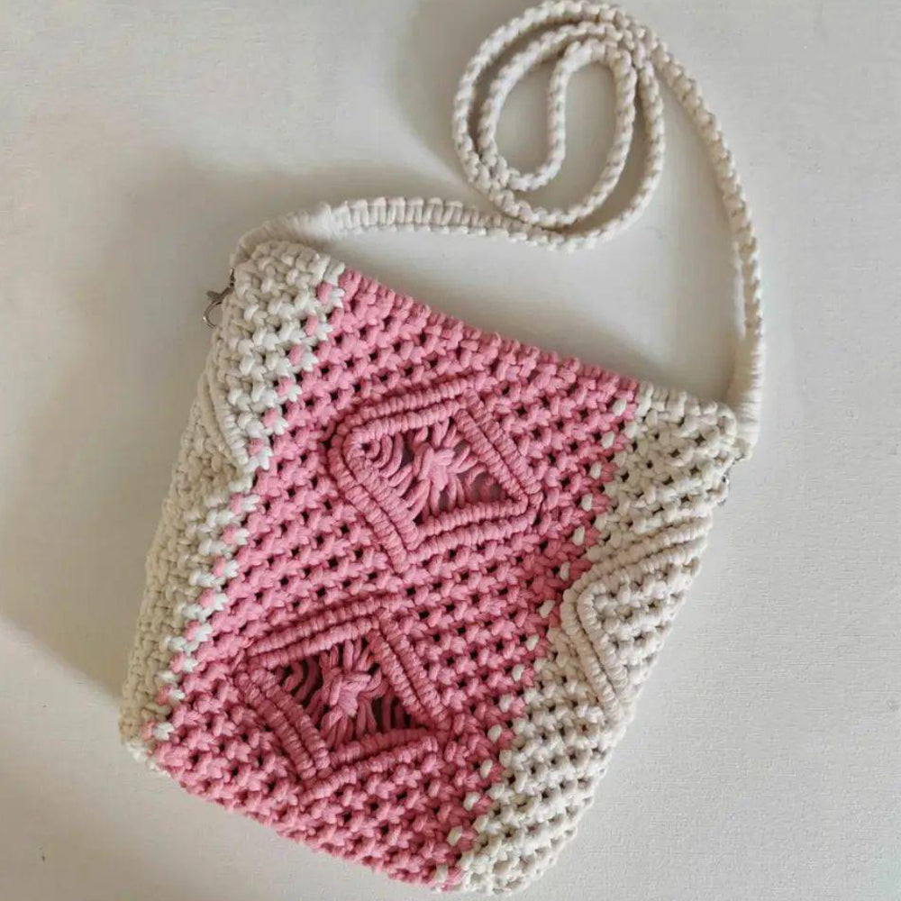 Macrame Sling Bag in Peach and White