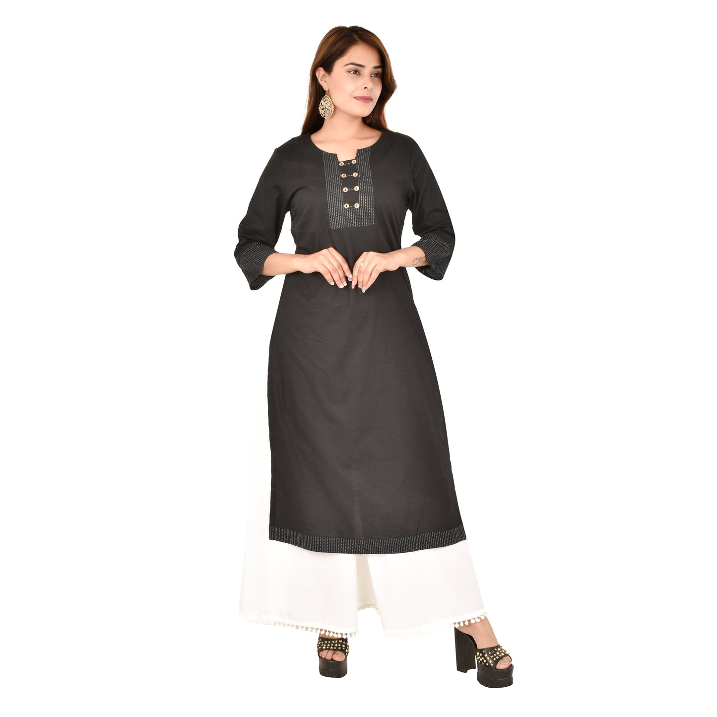 Gauraiya Women Kurta - Black Straight with Katha Yolk