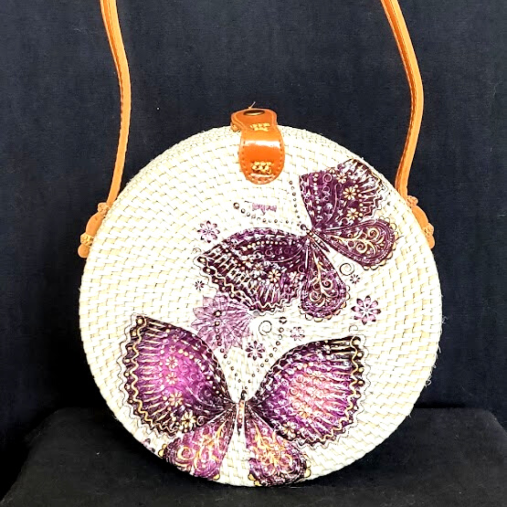 Decoupage Handwoven Round Rattan Bag