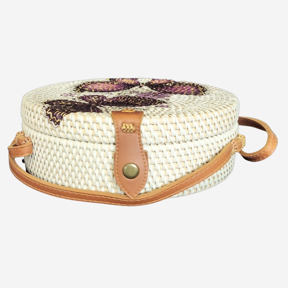 Decoupage Handwoven Round Rattan Bag