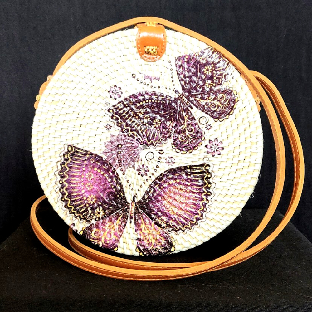 Decoupage Handwoven Round Rattan Bag