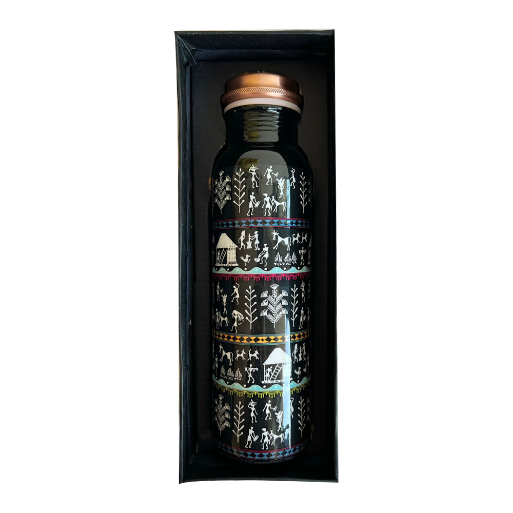 Ecotrendy Black Warli Print Copper Bottle (950ml)