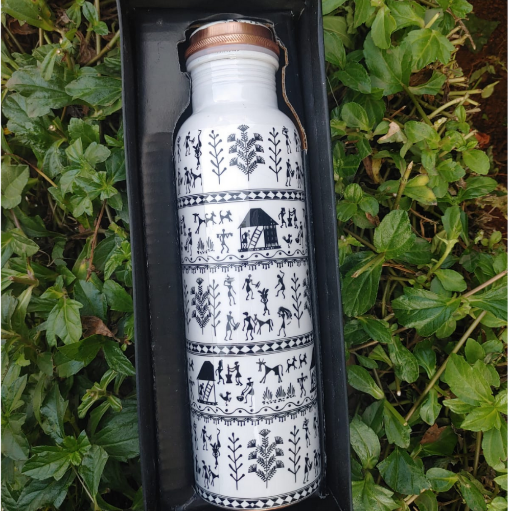 Ecotrendy White Warli Print Copper Bottle (950ml)