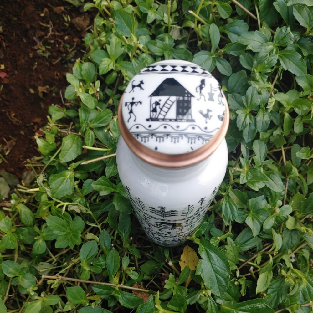 Ecotrendy White Warli Print Copper Bottle (950ml)