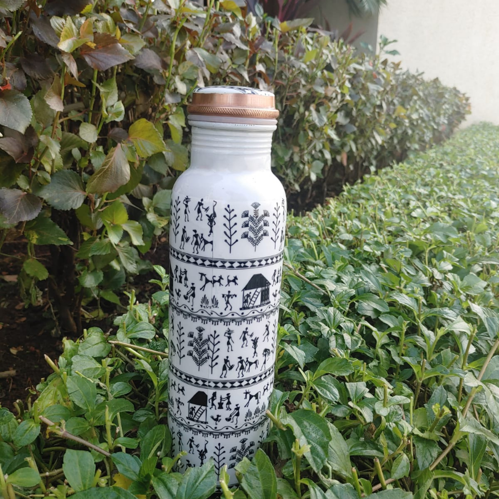 Ecotrendy White Warli Print Copper Bottle (950ml)