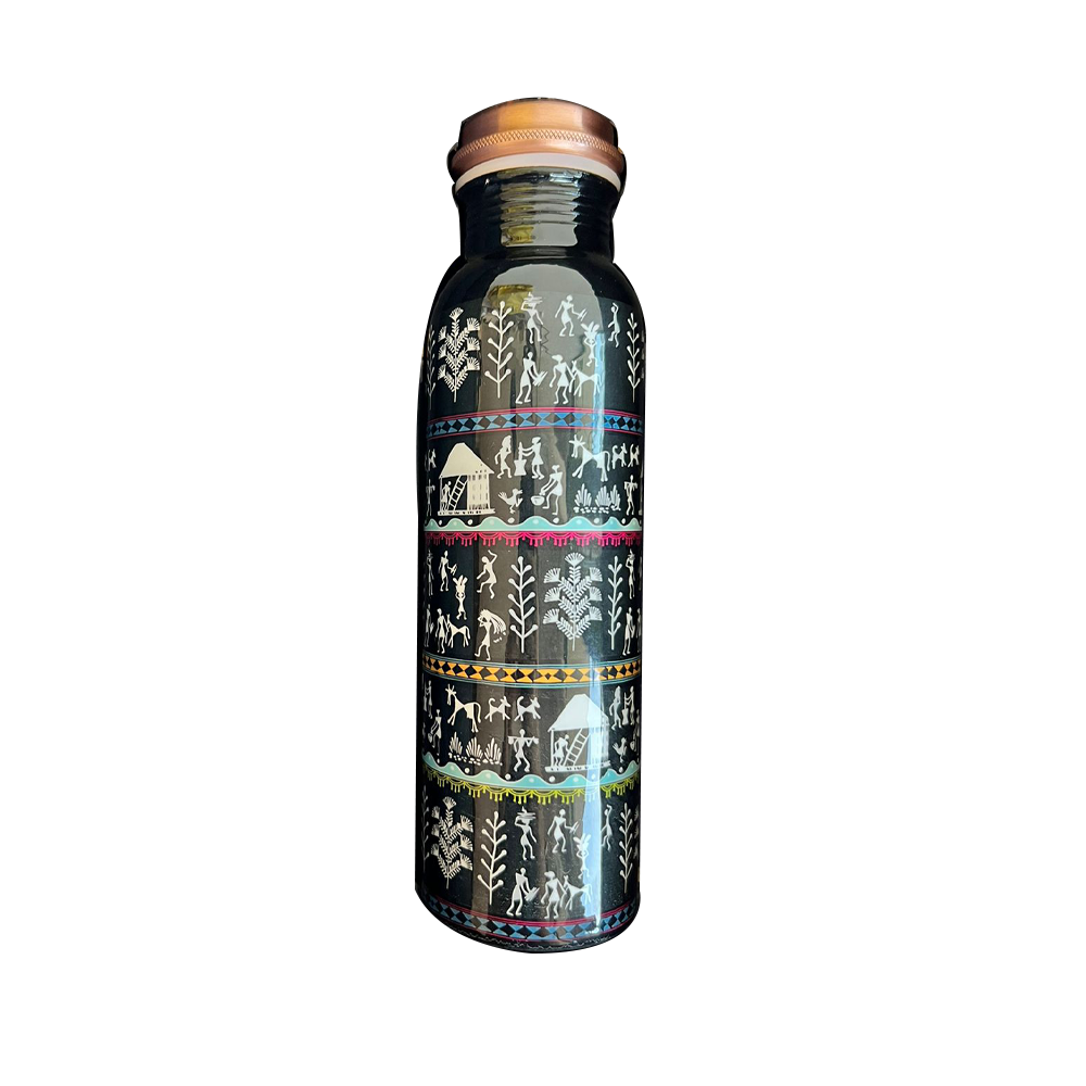 Ecotrendy Black Warli Print Copper Bottle (950ml)