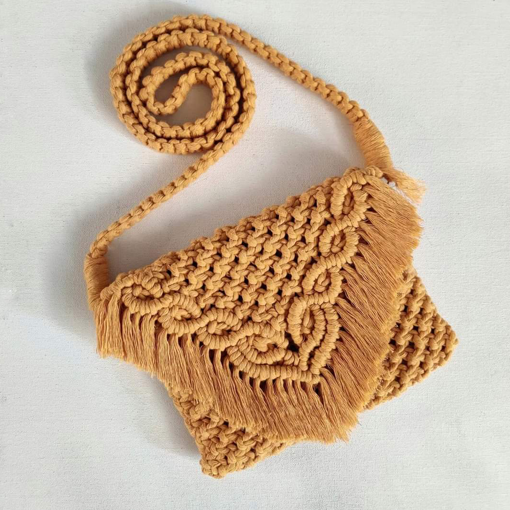 Macrame Sling Bag in Mustard/White