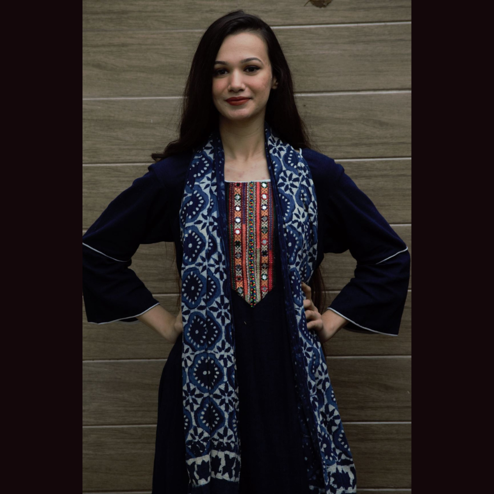 Kala Cotton Handloom Stole with Dabu Indigo Block Print
