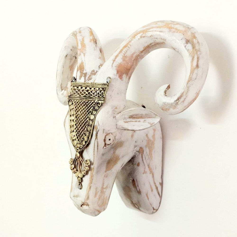 Hand Crafted Wooden Ram Head (White Distressed)