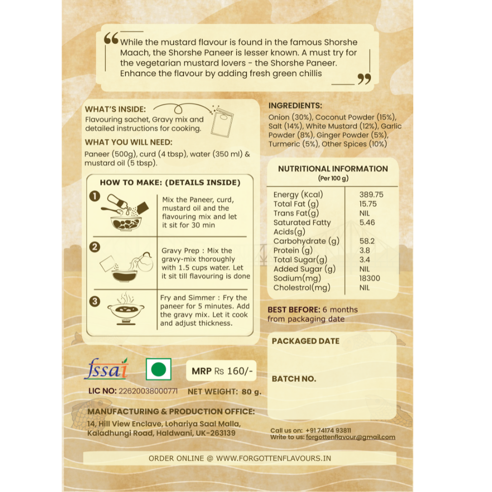 Forgotten Flavours Bengali Shorshe Paneer (Mustard Paneer/Veg) Mix - 80g
