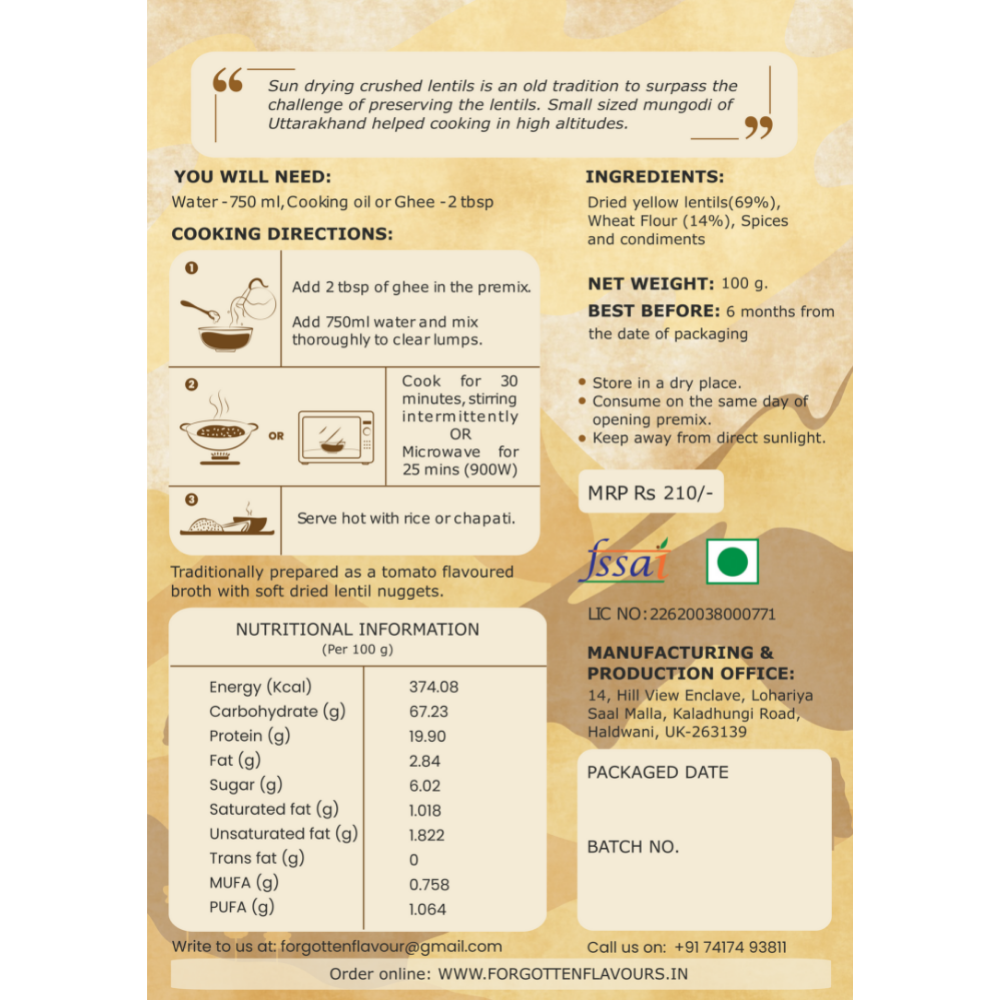 Forgotten Flavours Mungodi (Moong Dal Based) Ready to Cook Mix (130g)
