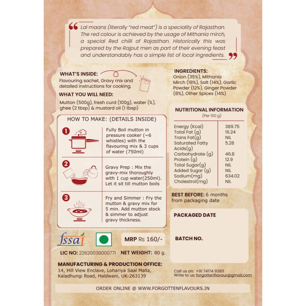 Forgotten Flavours Rajasthani Lal Maans Gravy and Flavouring Mix (80g)