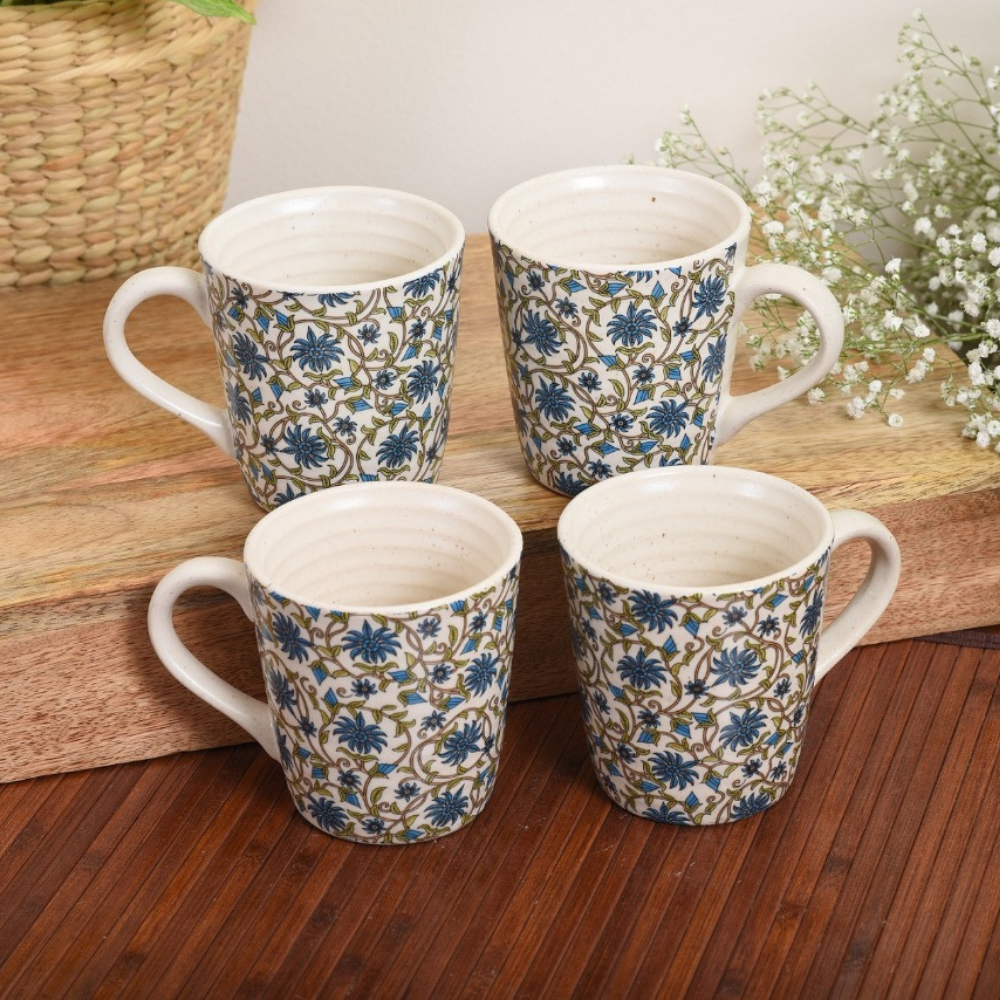 Floral Handmade Ceramic Stoneware Coffee Mugs (Set of 4)