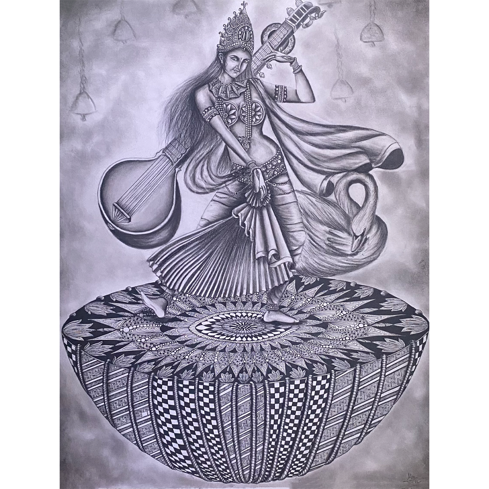 Goddess Sarasvati Charcoal Art