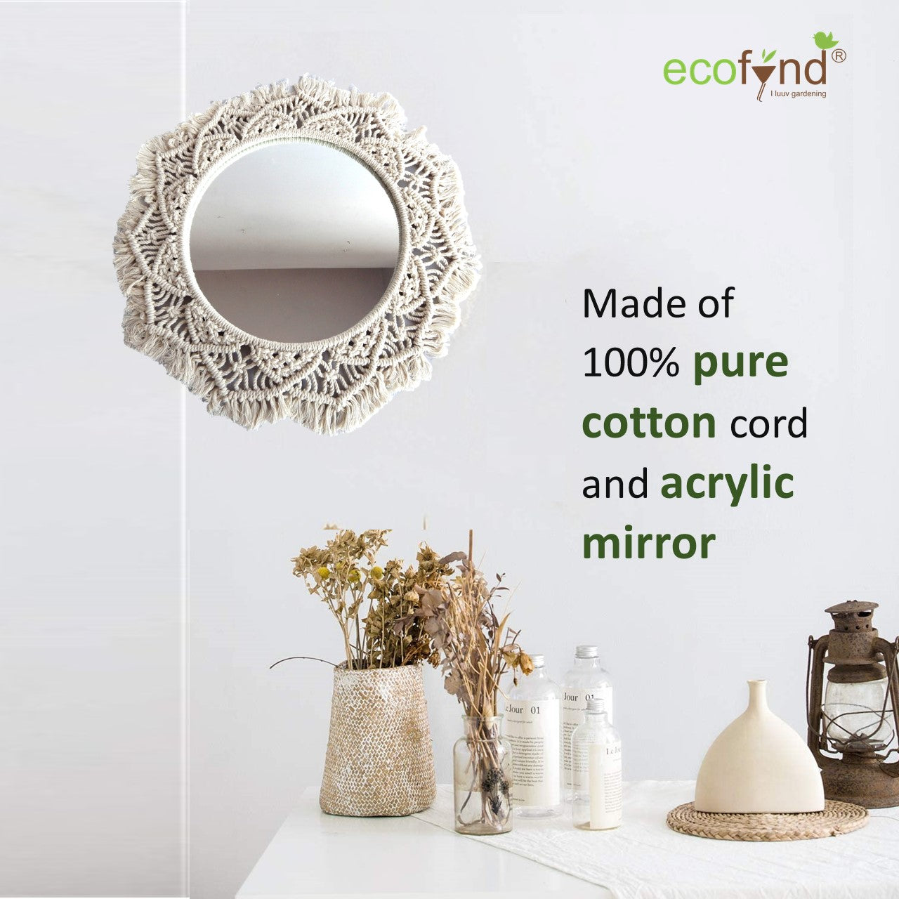 ecofynd White Macrame Wall Mirror with Boho Fringes
