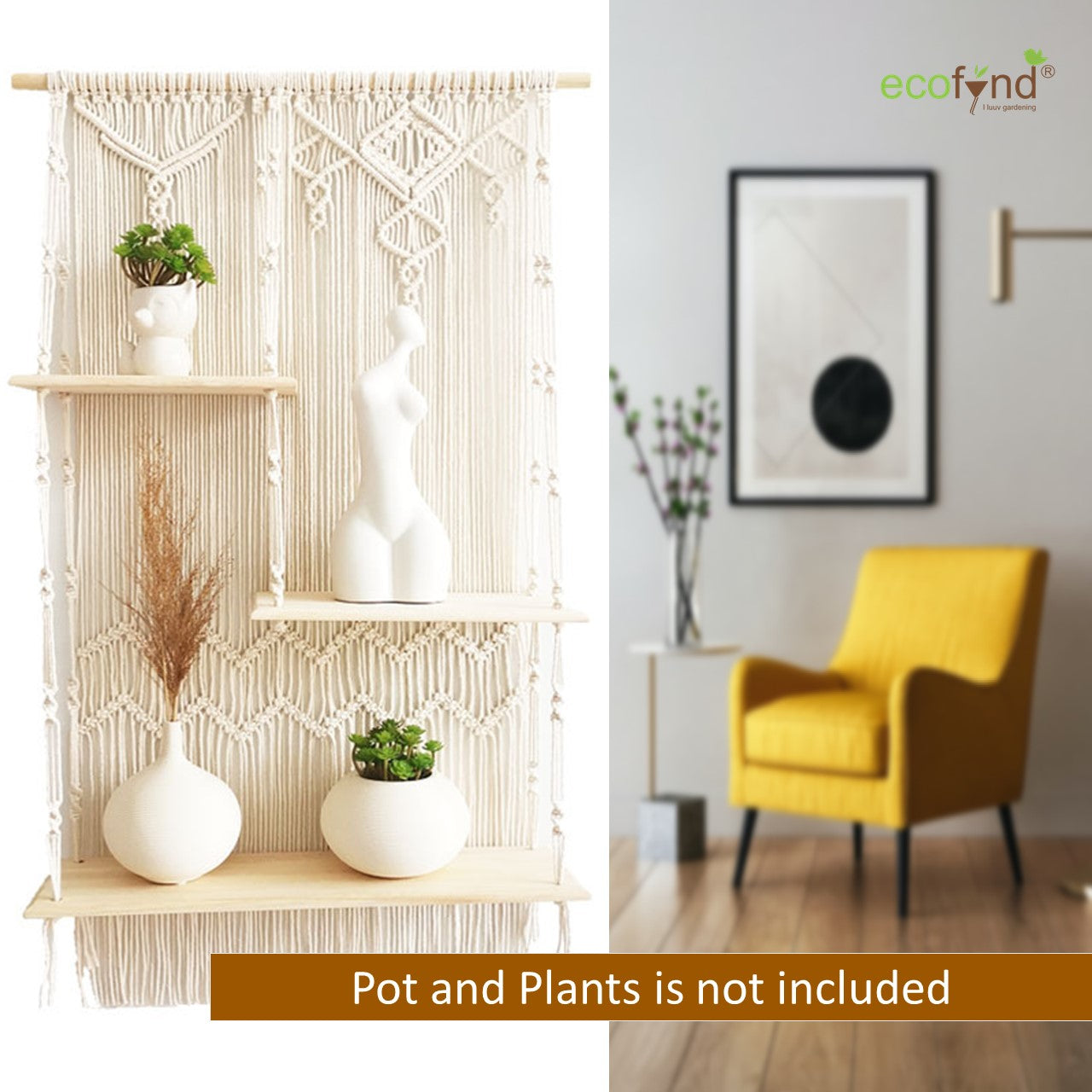 ecofynd Macrame Nordic Style Wall Hanging Wooden Shelf