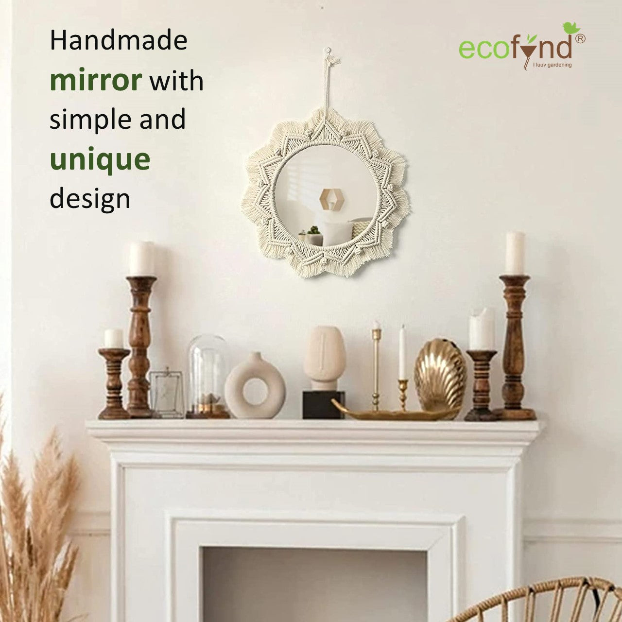 ecofynd Star Pattern White Macrame Wall Mirror with Boho Fringes