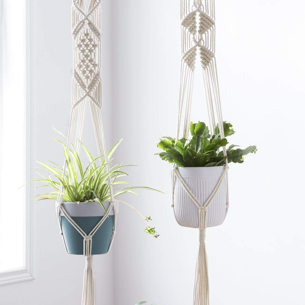 ecofynd Pearl White Macrame Cotton Plant Hanger (Pack of 2)