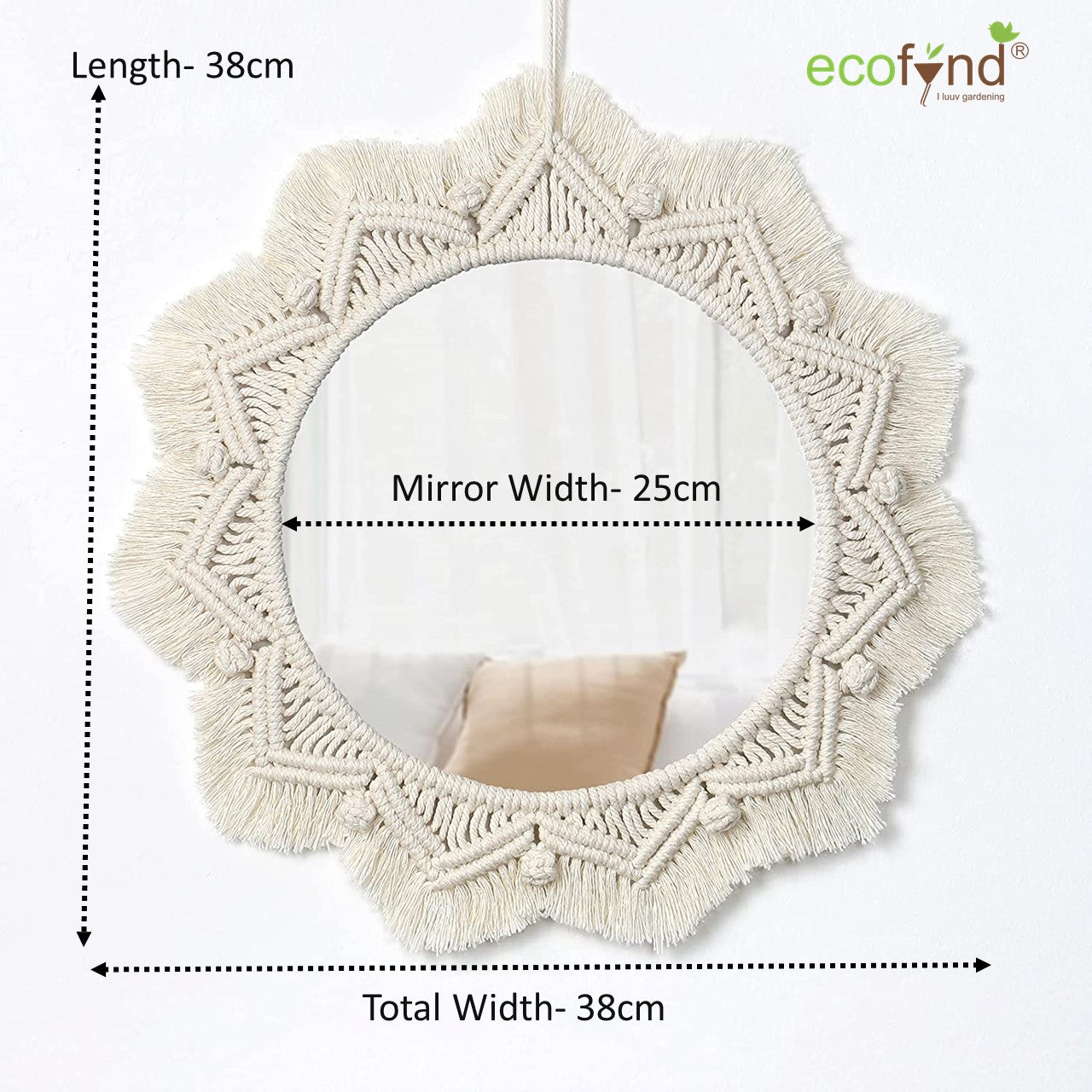 ecofynd Star Pattern White Macrame Wall Mirror with Boho Fringes