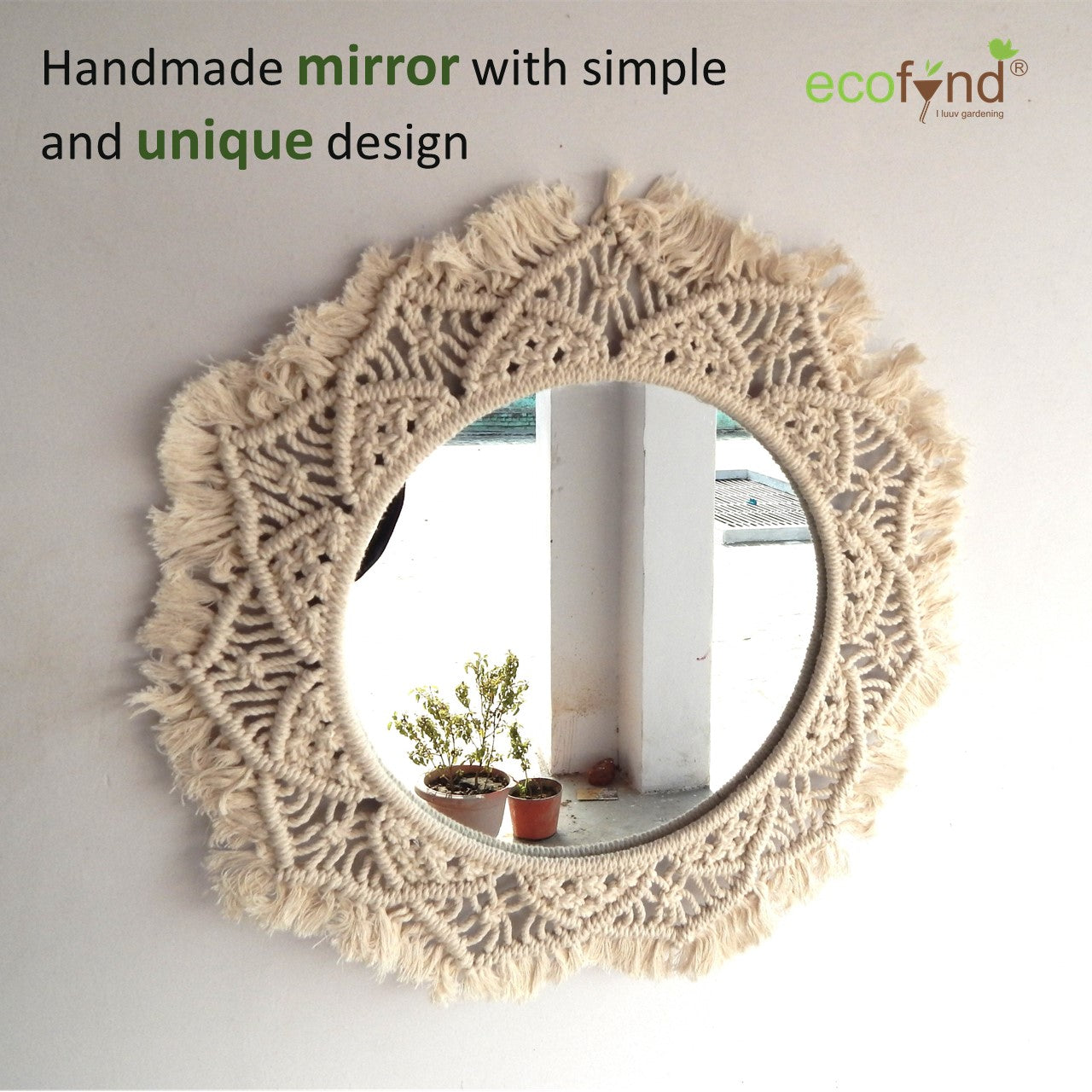 ecofynd White Macrame Wall Mirror with Boho Fringes