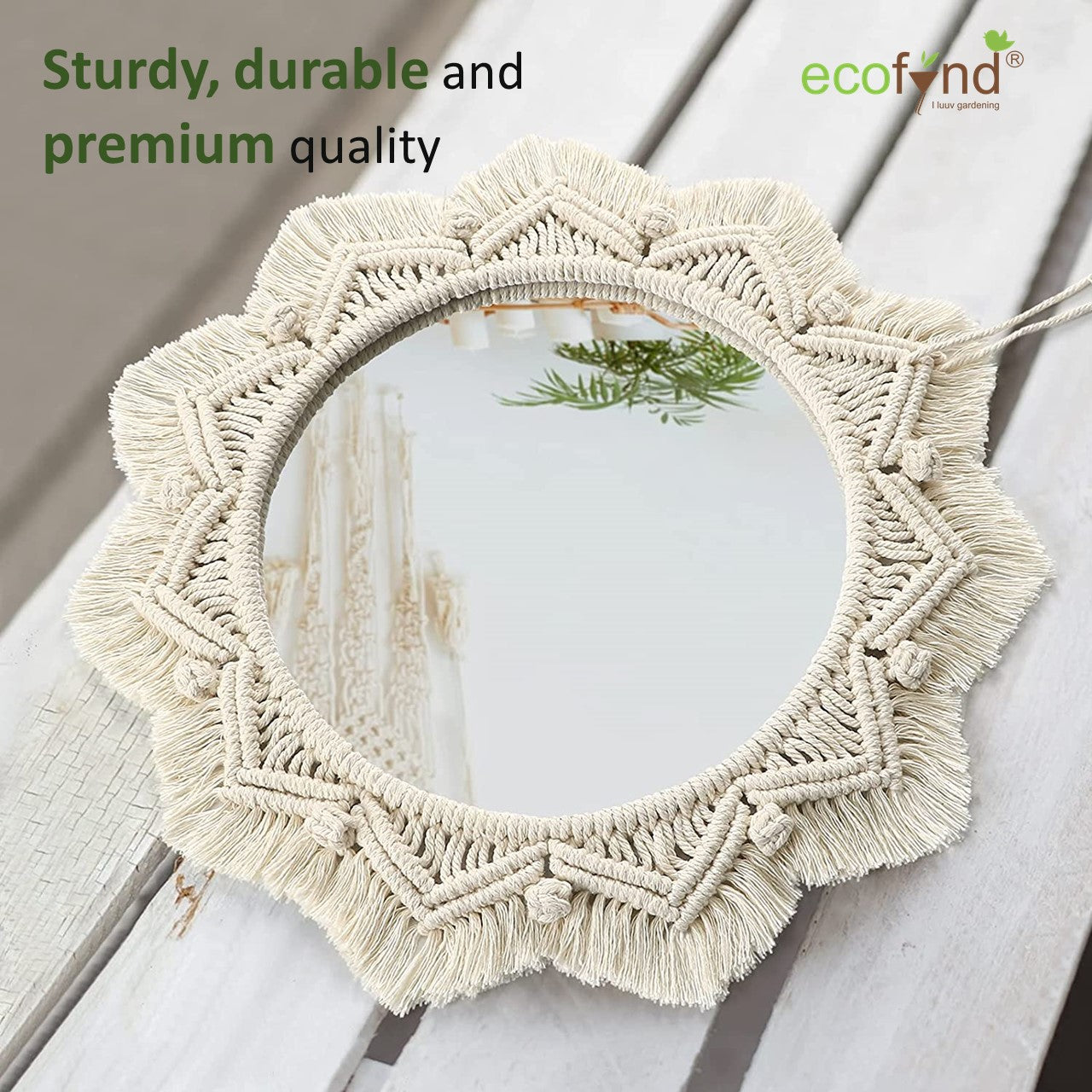 ecofynd Star Pattern White Macrame Wall Mirror with Boho Fringes