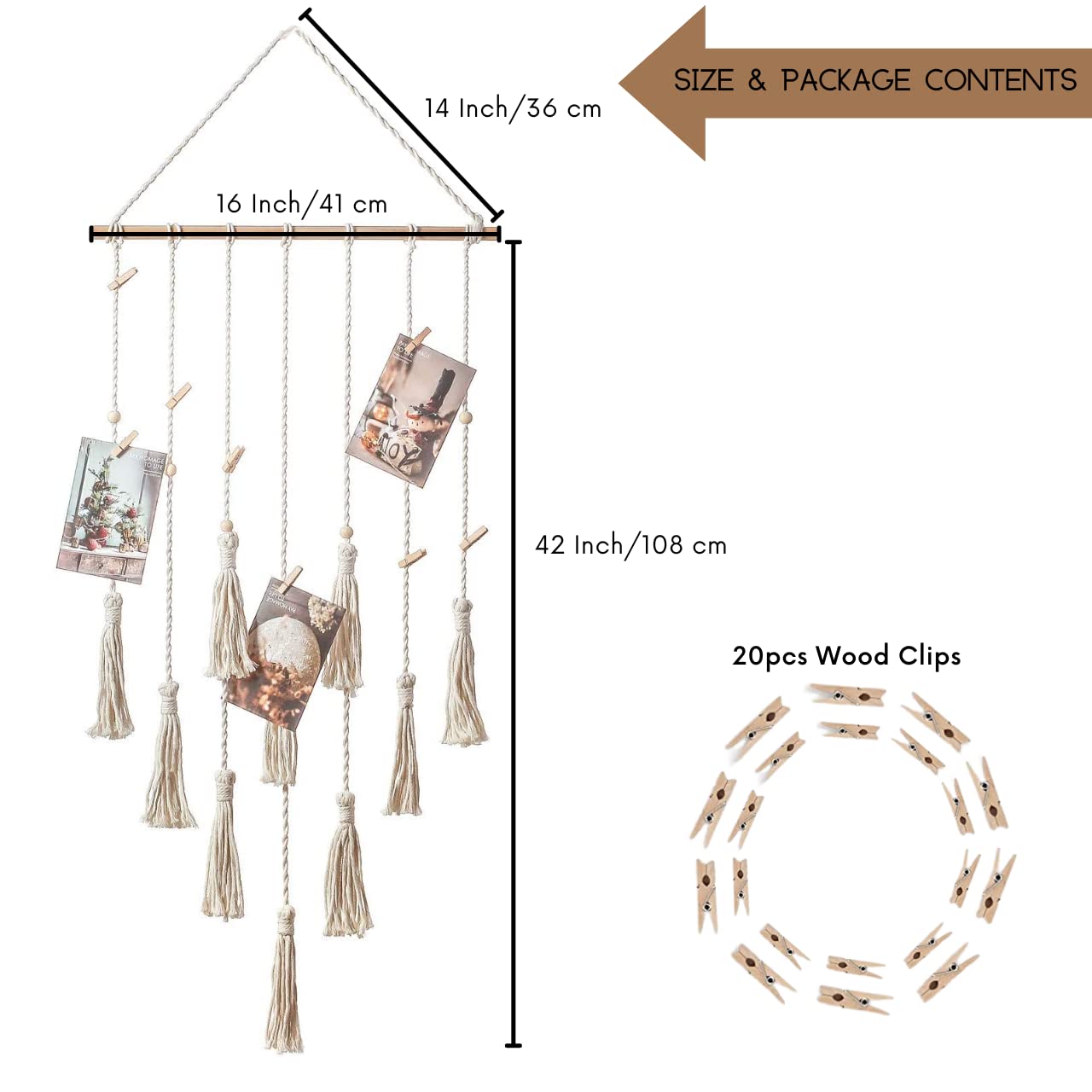 ecofynd Macrame Picture Organizer with 20 Wooden Clips