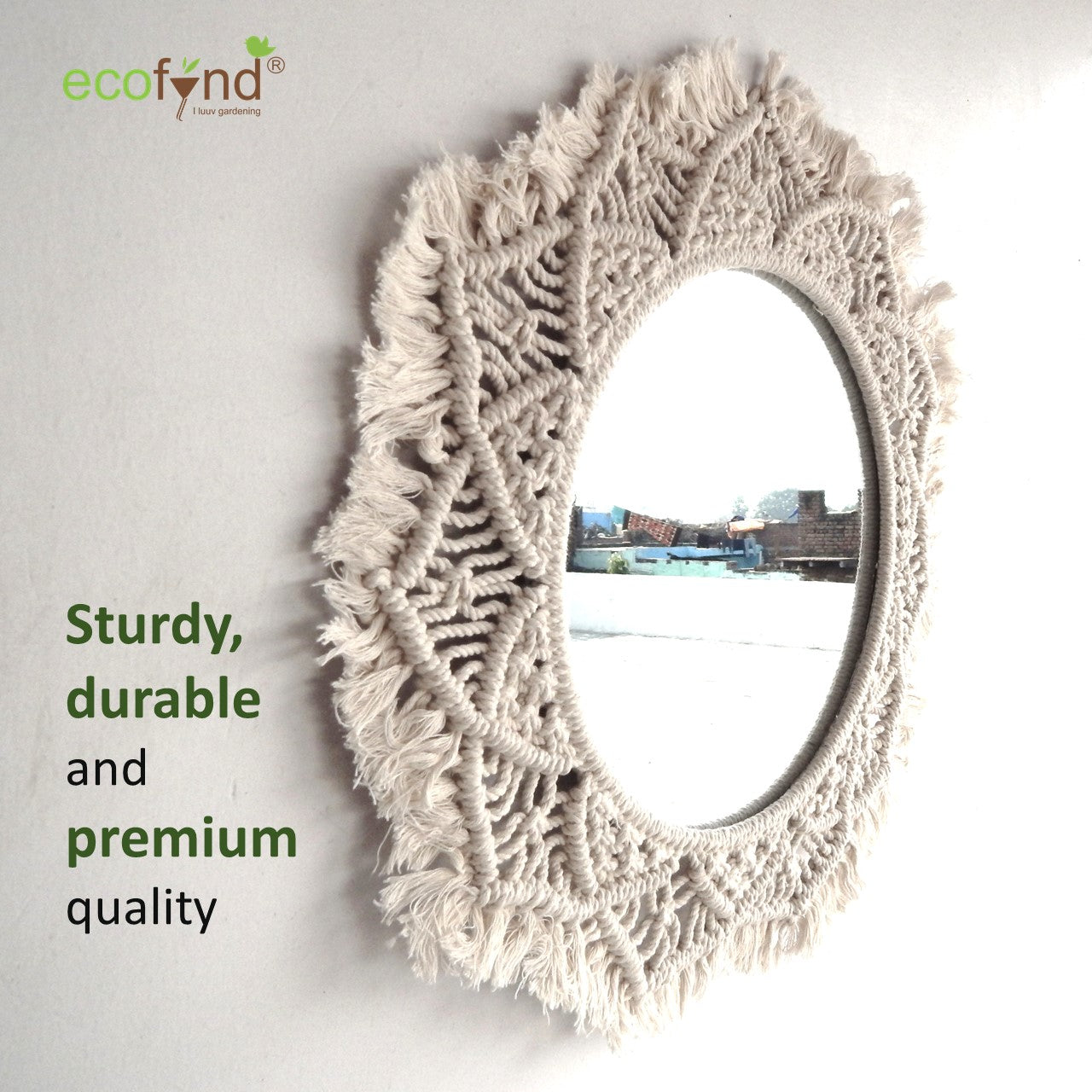 ecofynd White Macrame Wall Mirror with Boho Fringes