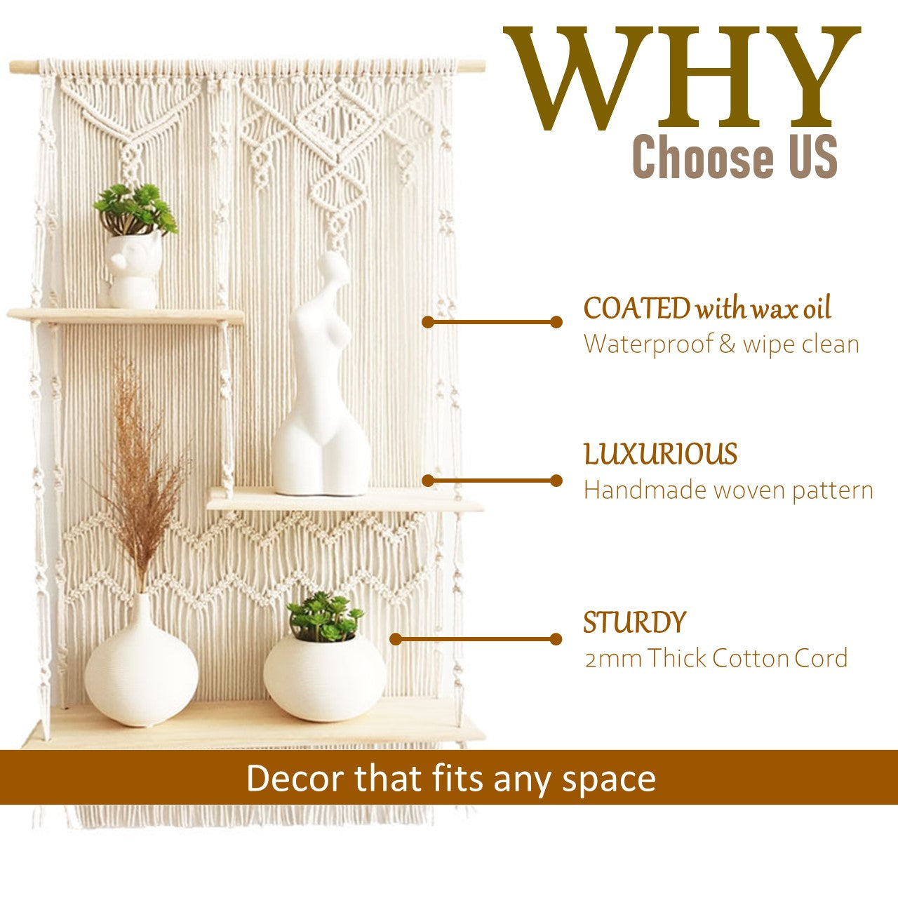 ecofynd Macrame Nordic Style Wall Hanging Wooden Shelf