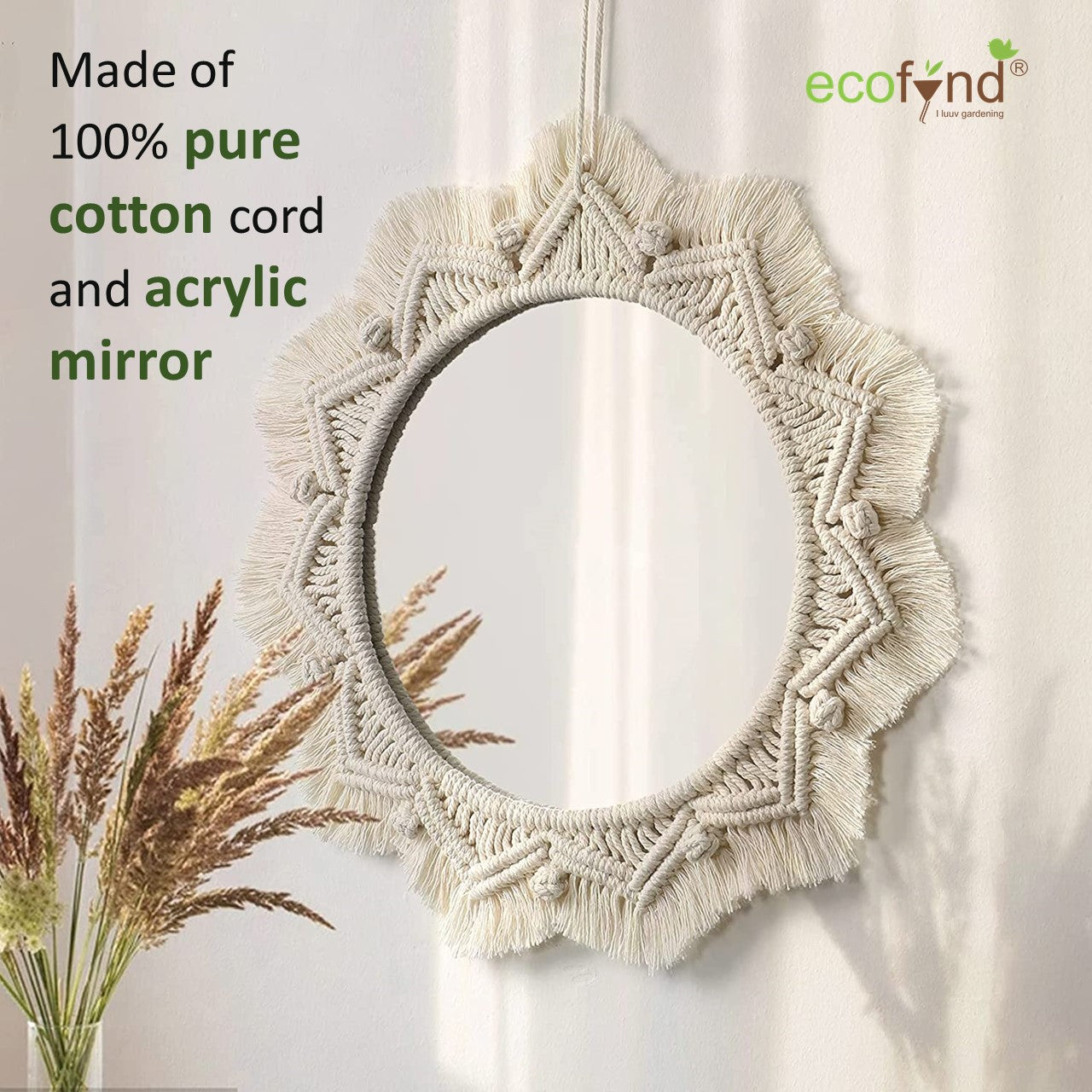ecofynd Star Pattern White Macrame Wall Mirror with Boho Fringes