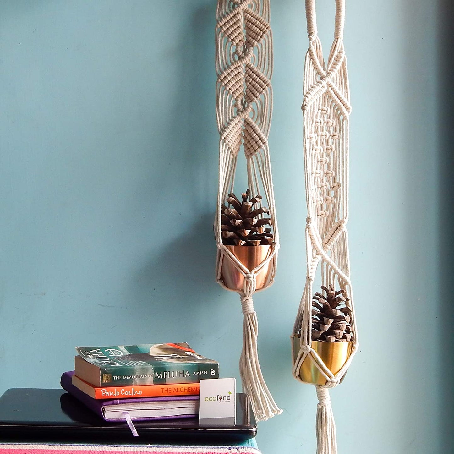 ecofynd Pearl White Macrame Cotton Plant Hanger (Pack of 2)