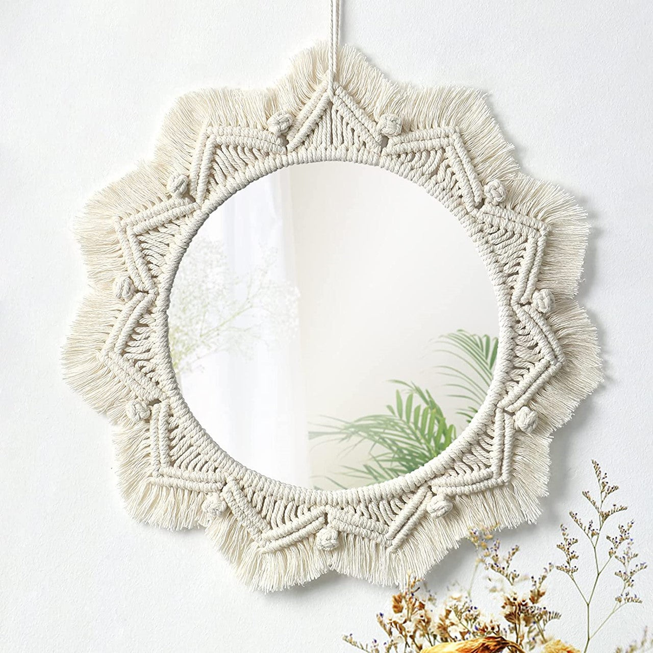 ecofynd Star Pattern White Macrame Wall Mirror with Boho Fringes