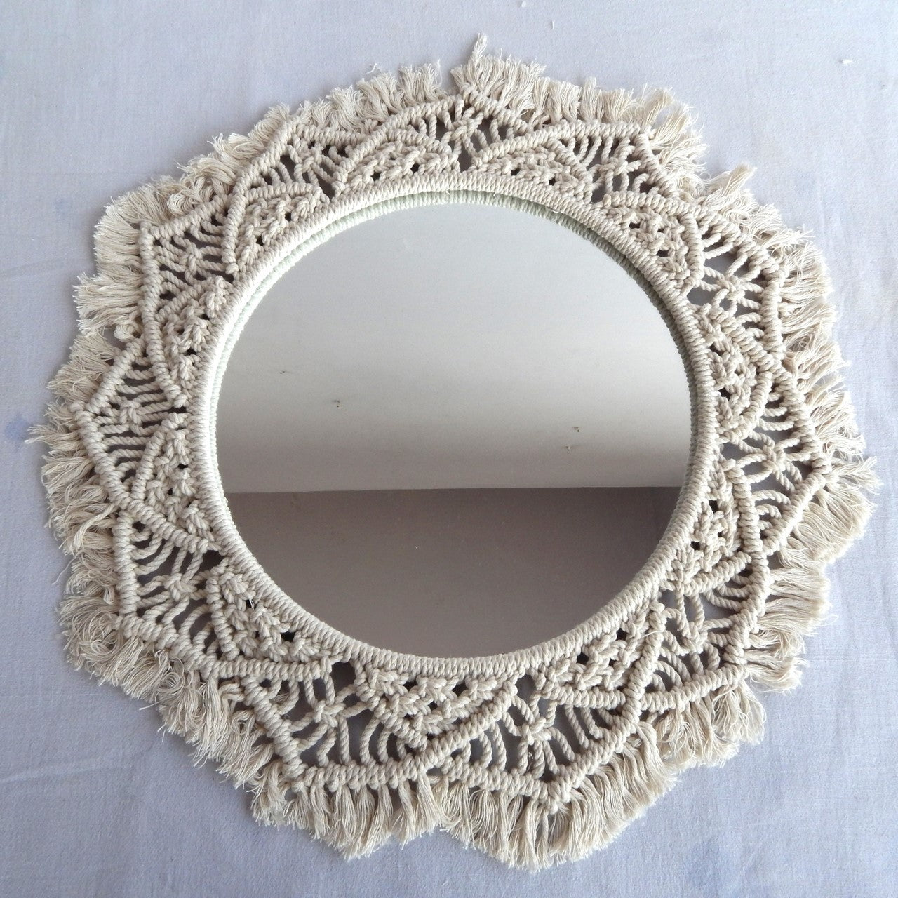 ecofynd White Macrame Wall Mirror with Boho Fringes