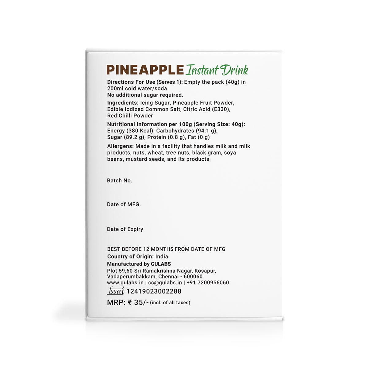 Gulabs Pineapple Instant Drink (Pack of 5) - 40g