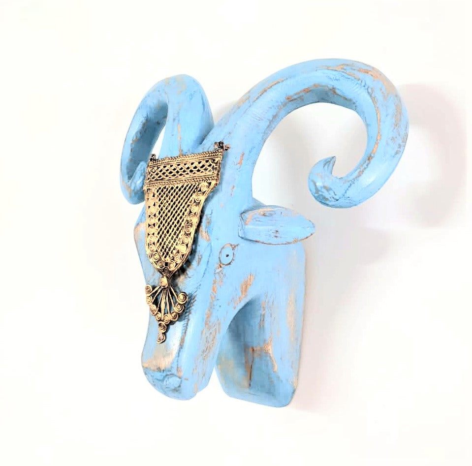 Hand Crafted Wooden Ram Head (Blue Distressed Finish)