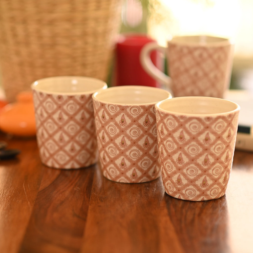Handmade Floral Ceramic Stoneware Mugs (Set of 4)