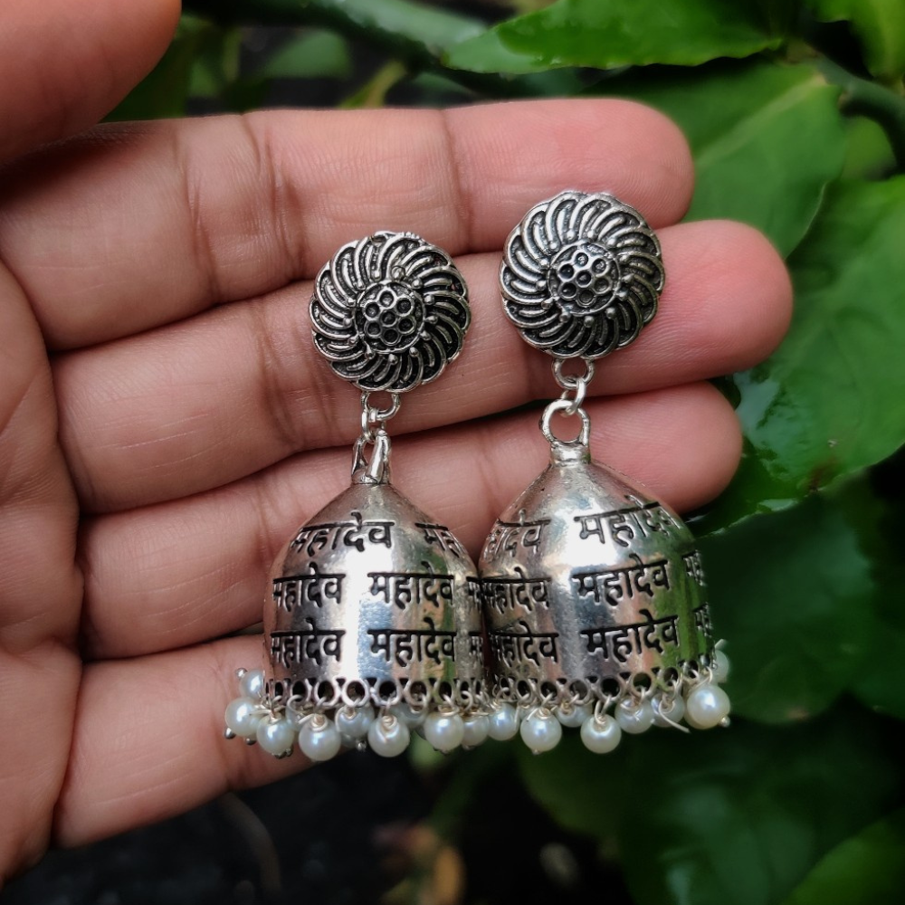 Mahadev Print Oxidized Silver Jhumka