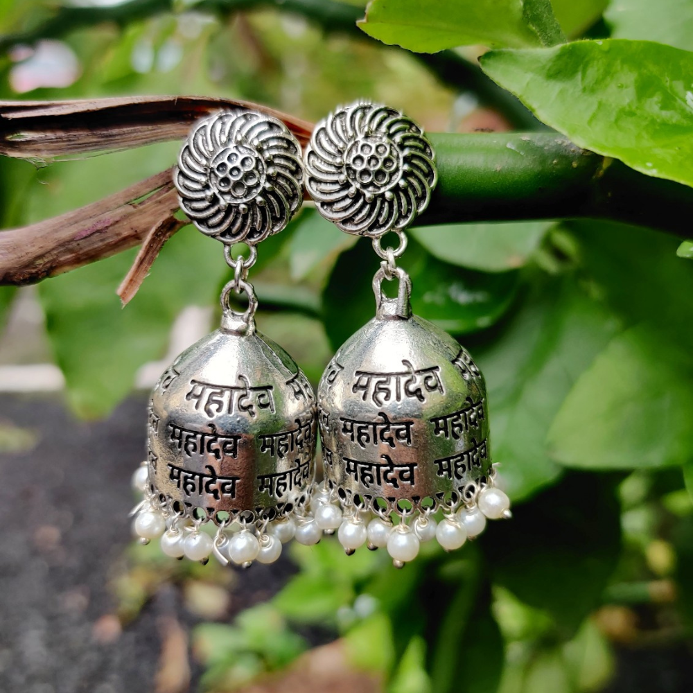 Mahadev Print Oxidized Silver Jhumka